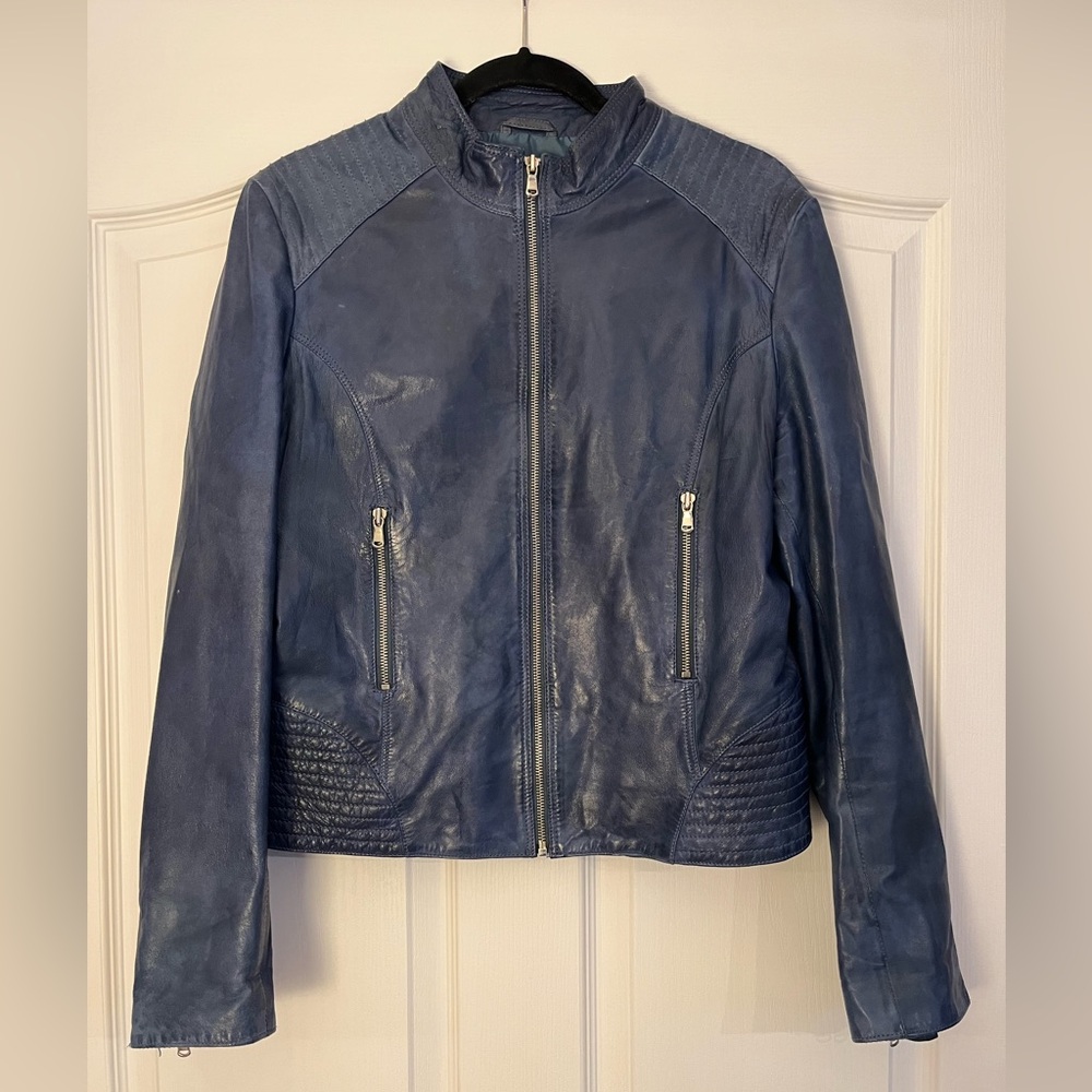 Leather BOD & Christensen Quilted Moto Jacket in Blue